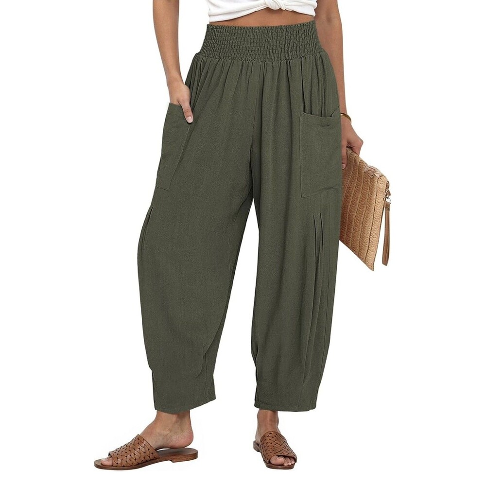 NEW TARSE Army Green Wide Leg Pants Linen Rayon Smocked Waist Pockets Women's XL